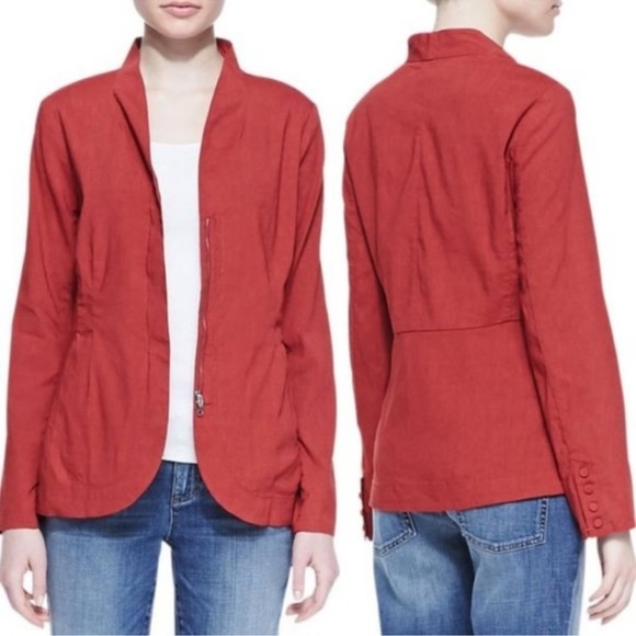 Eileen Fisher Womens Linen Blend Jacket Size 2X Red Long Sleeve Hi Collar Zip Up - Picture 1 of 12